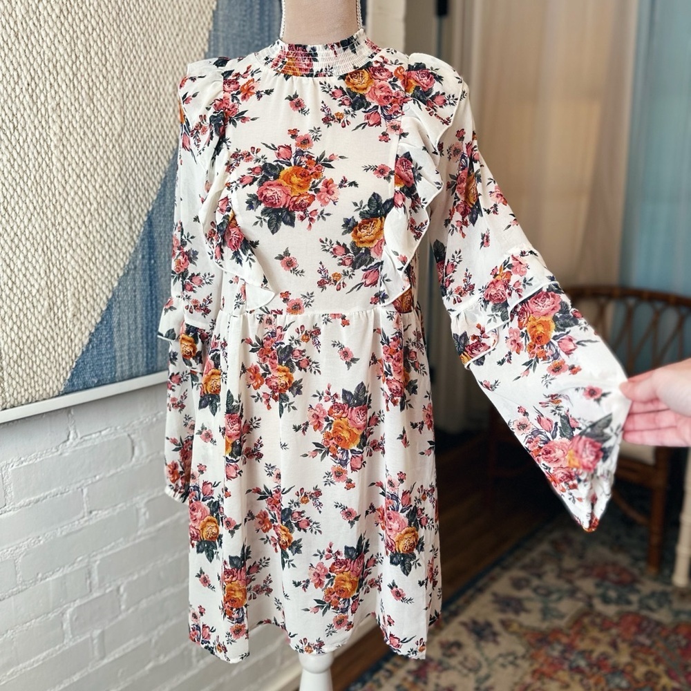 Kit + Sky Creamy Floral Balloon Sleeve Ruffle Dress